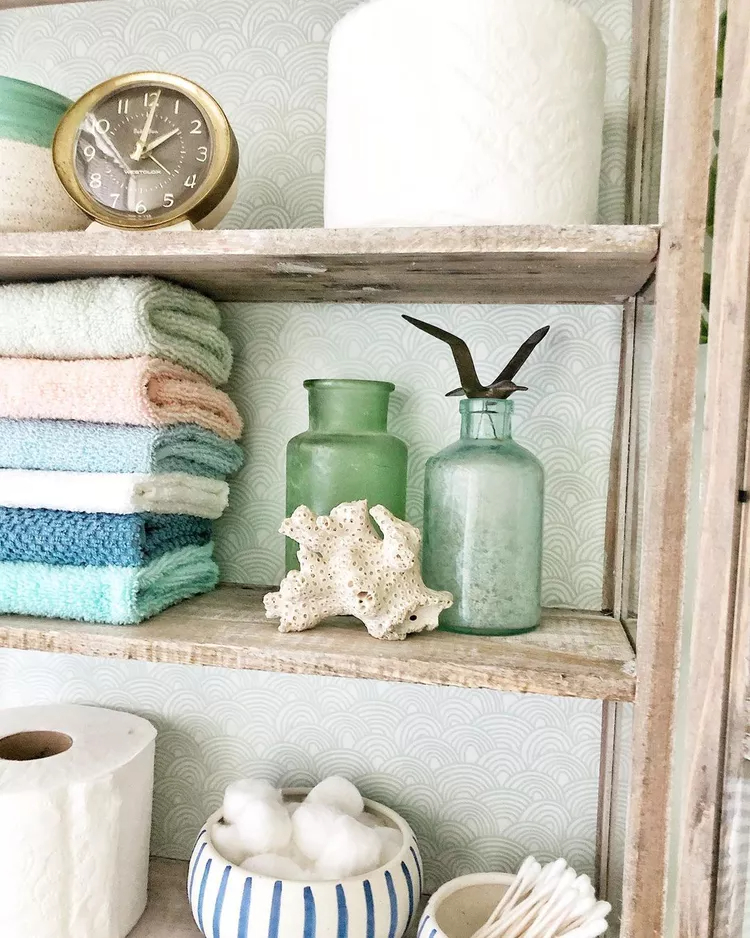 A view of coral kept on the bathroom shelf with other items