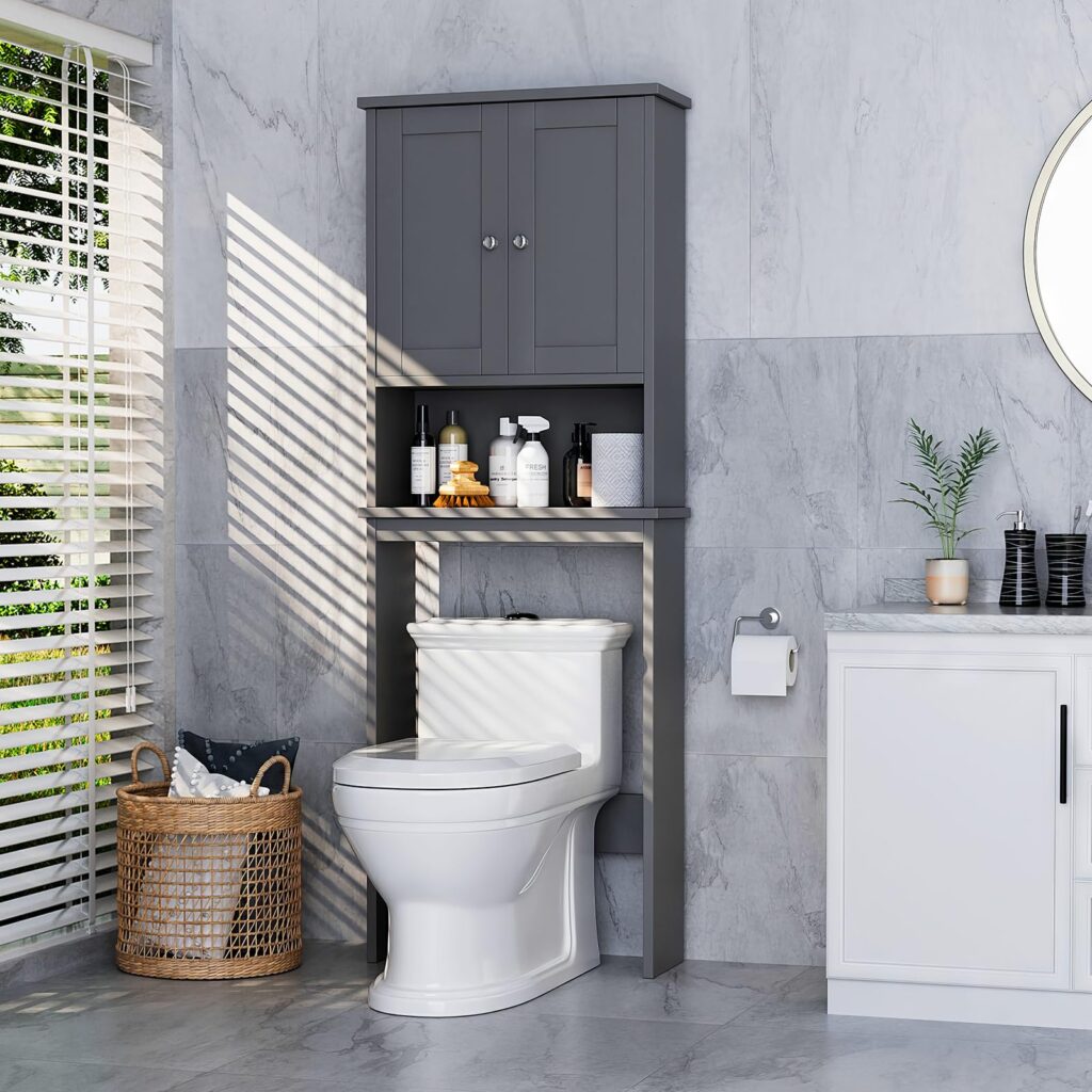 gray cabinet and shelf in bathroom with gray walls, storage basket