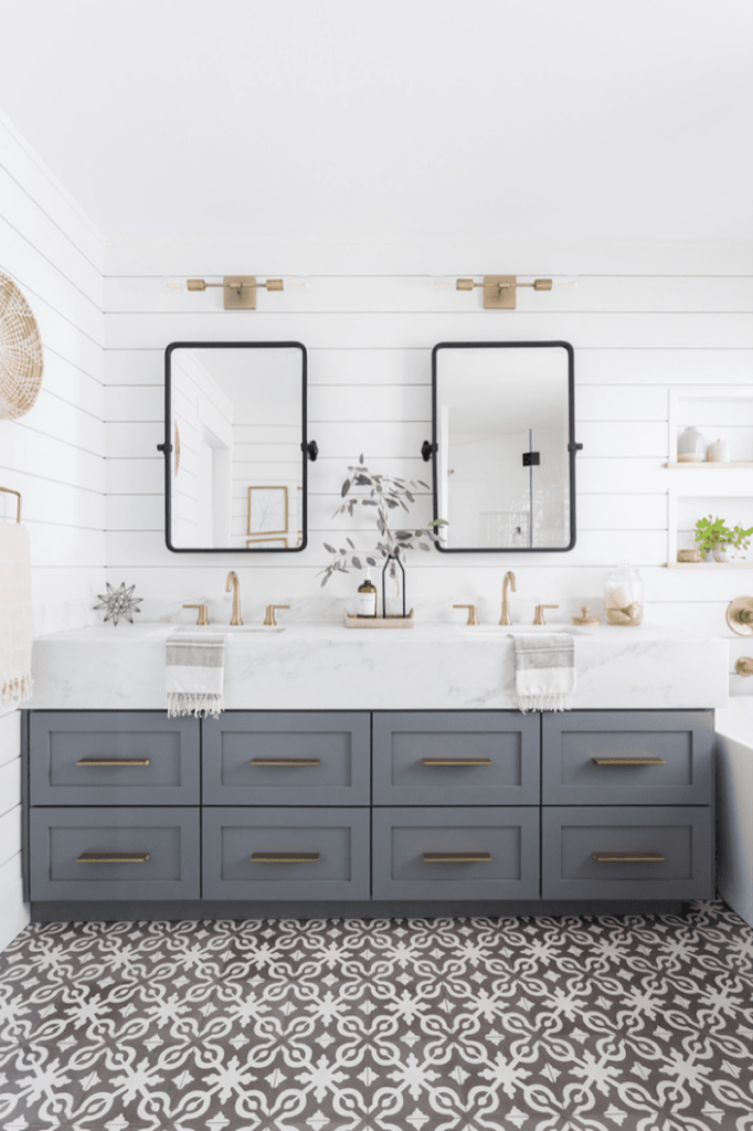 gray colored double vanity in bathroom with mirrors