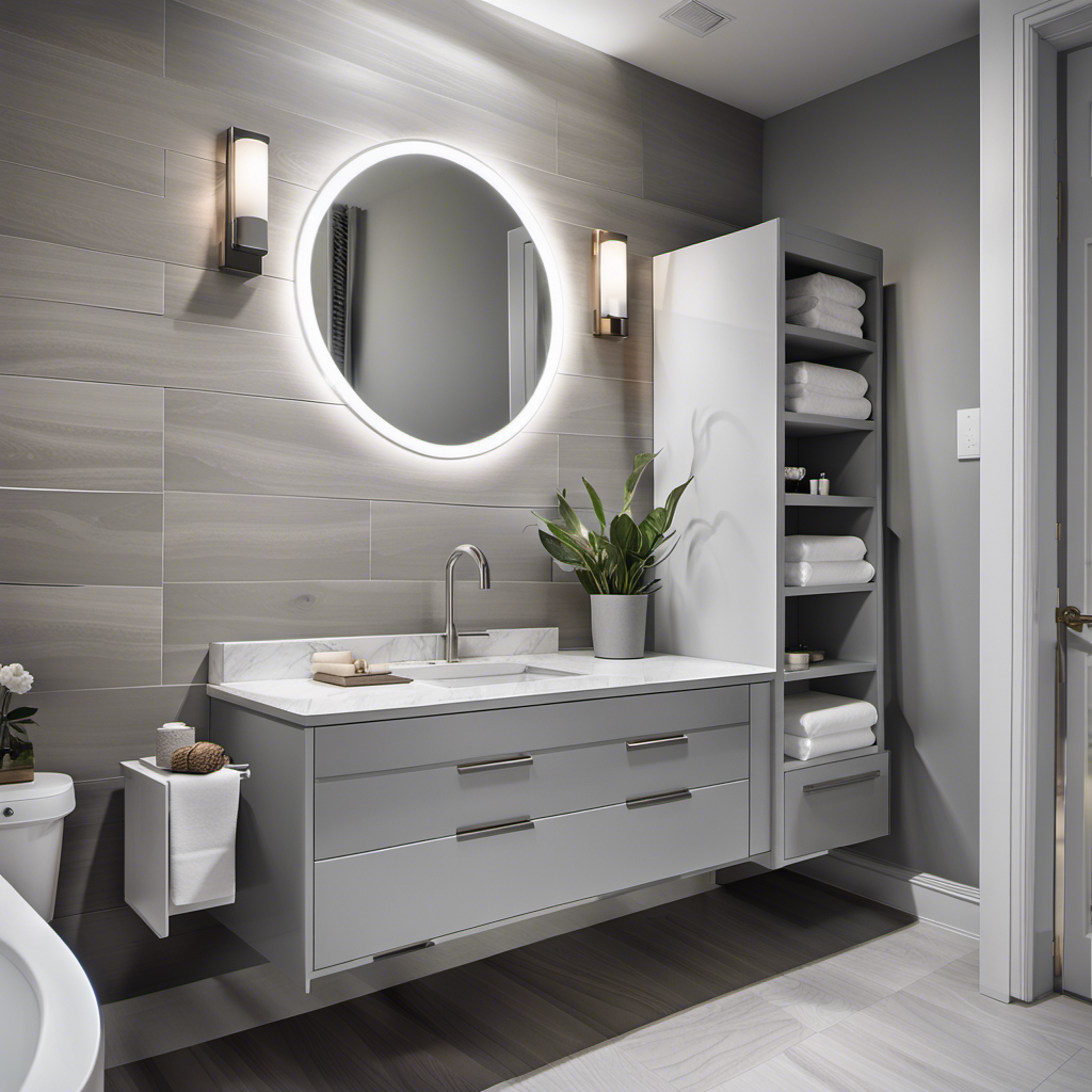 lighting fixtures in a small gray bathroom a mirror with frmaed lighting white vanity and faucet floating shelves with towels