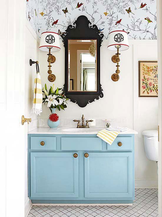 lighting fixtures small industrial style mirror in black color and blue vanity in bathroom