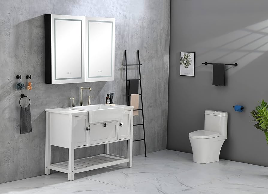 relfective surfaces in gray bathroom with gray walls small white vanity
