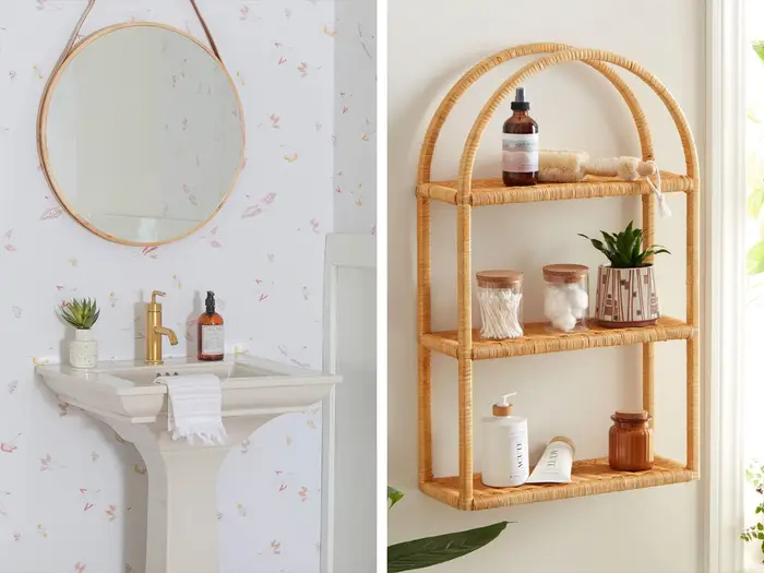 wooden frame as floating shelves in a bathroom toileteries placed in them