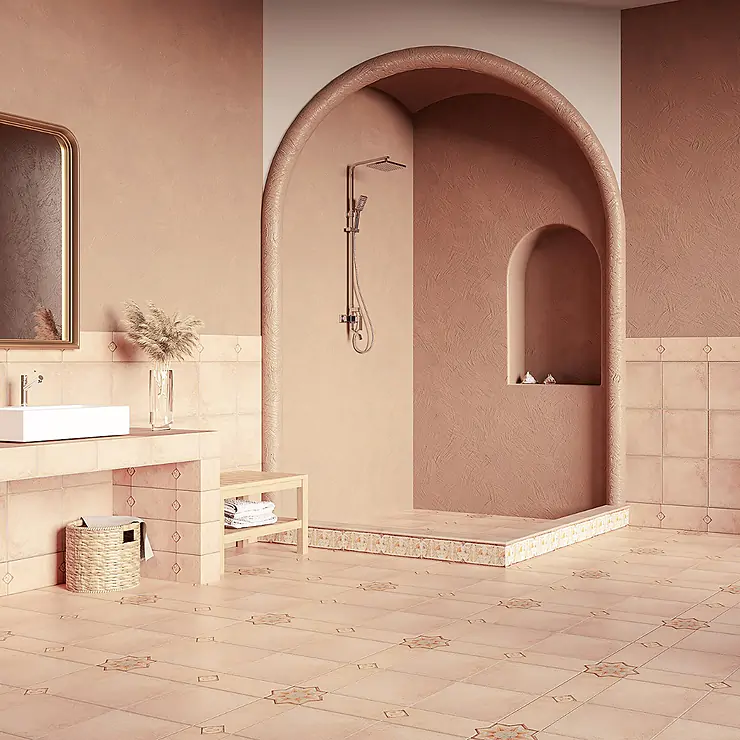 A view of a bathroom with beige clay tiles