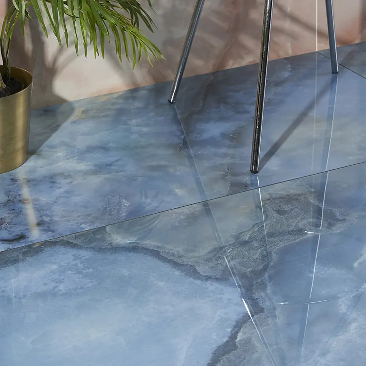 A view of a shiny blue glass jewel floor