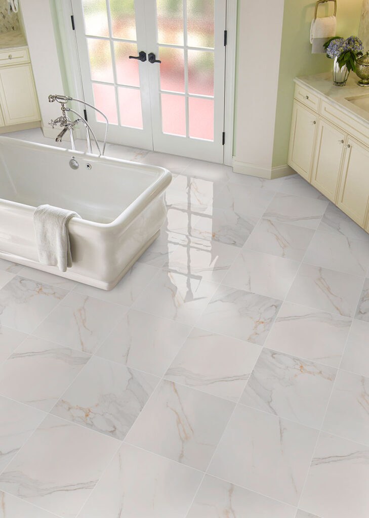 An overhead view of Contrasting Calacatta Tiles for Bathroom Floor