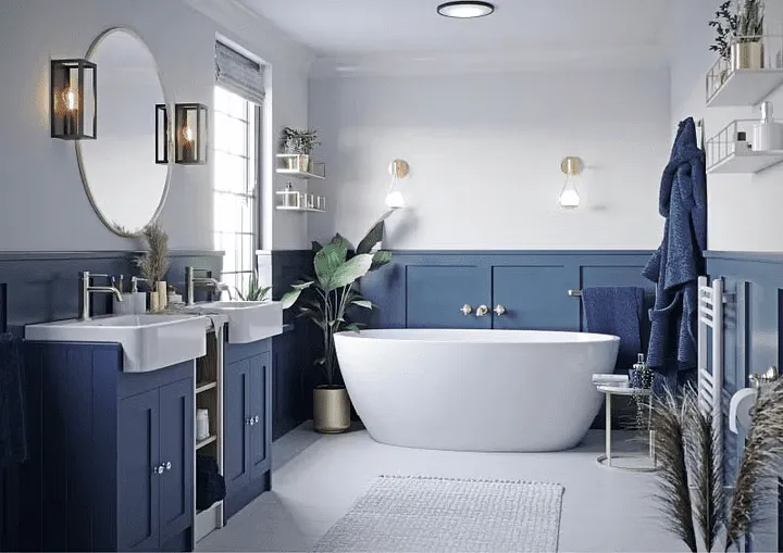 blue color theme bathroom with some decorative items