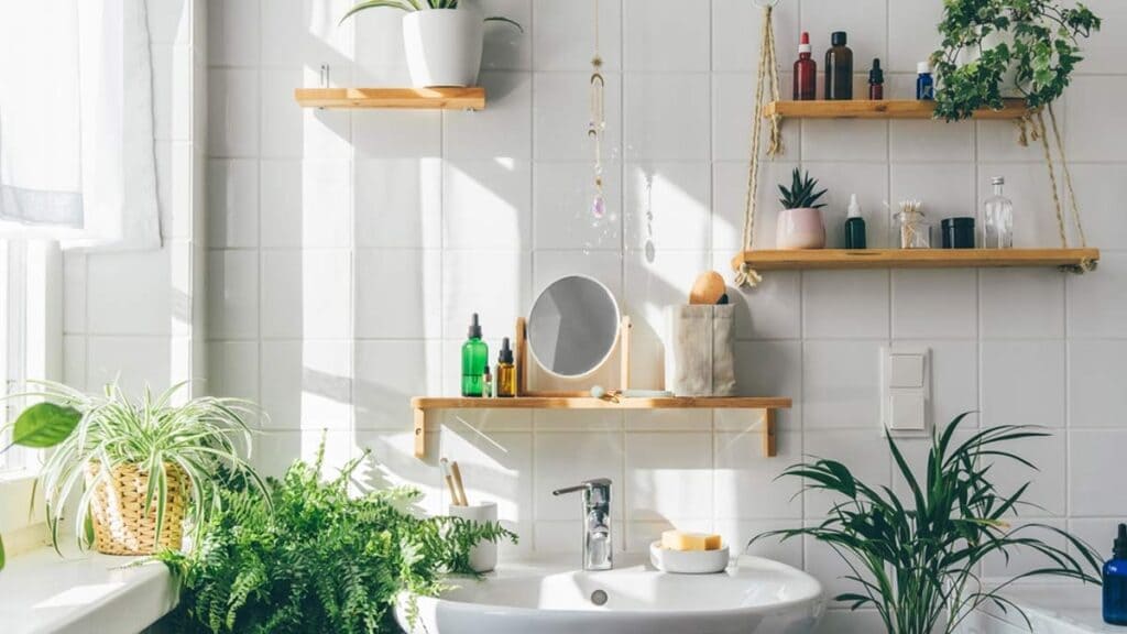 plant pots in a bathroon with a floating shelves