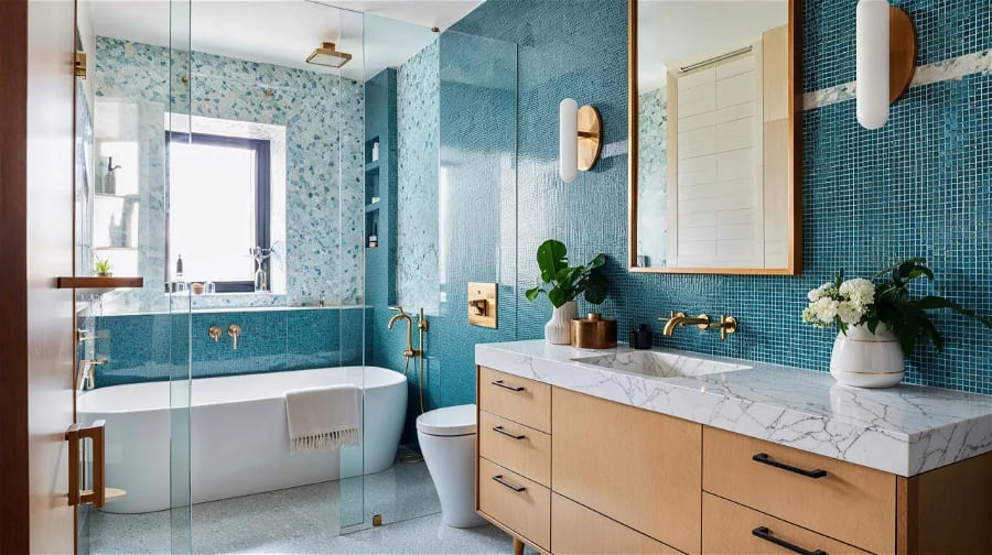 white gold and blue color theme bathroom with some plant pots