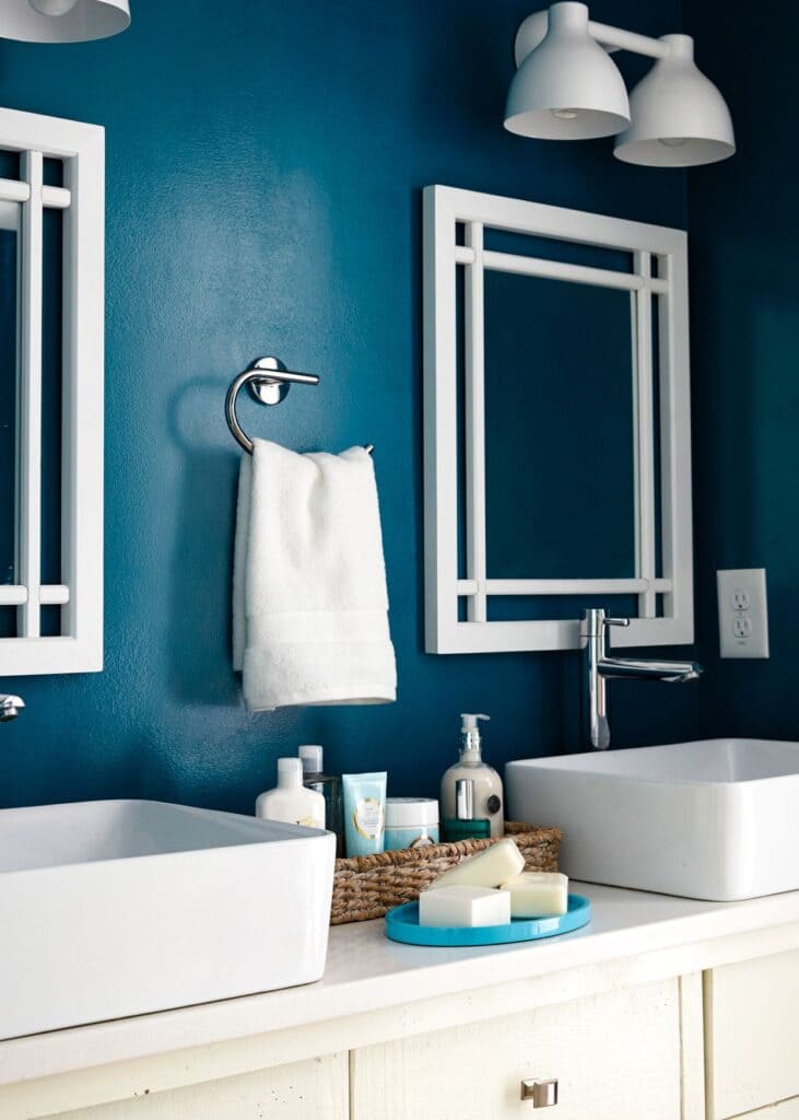 white theme bathroom with soft blue color wall paint