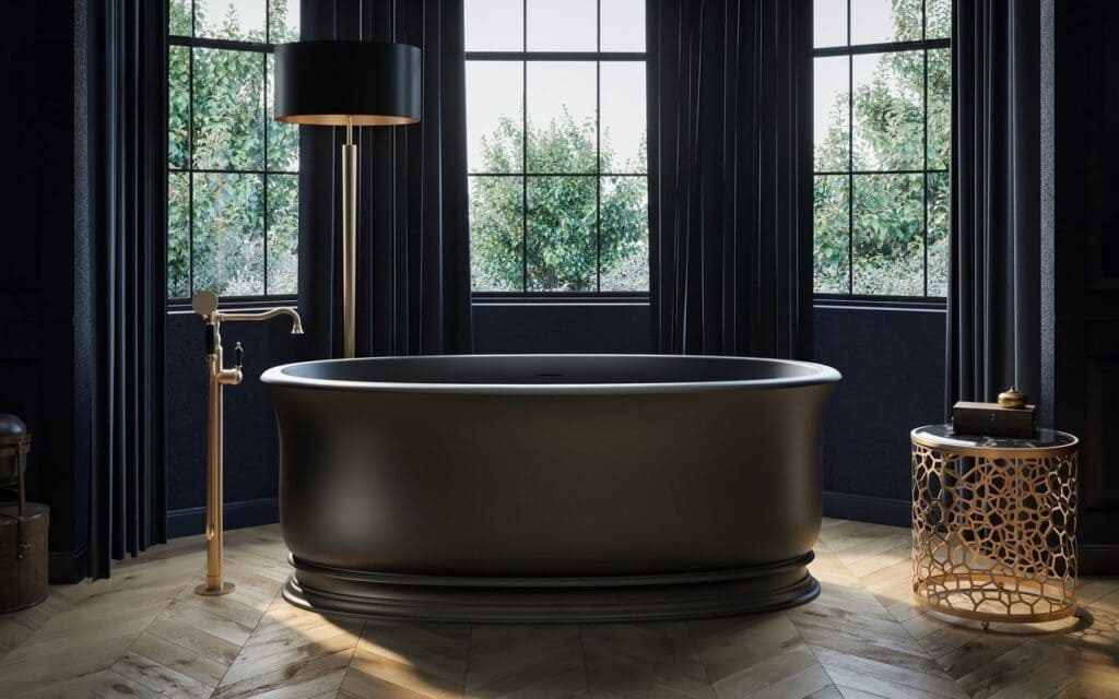 black bathtub in a black themed bathroom addition of gold accents