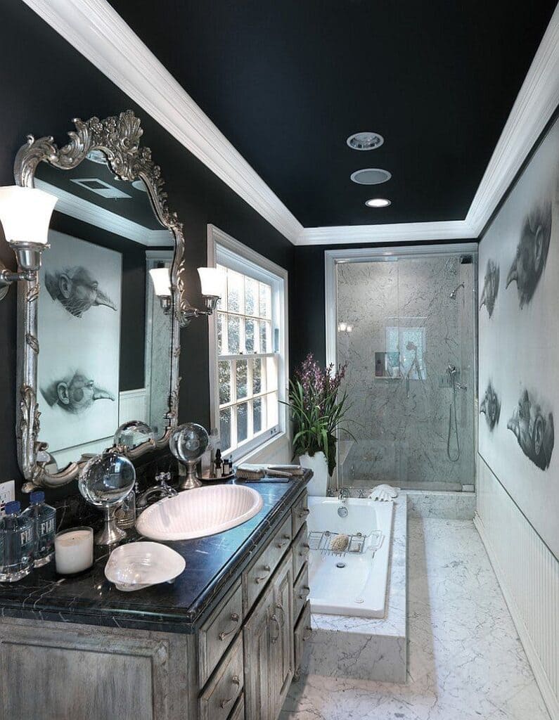 black ceiling in a luxurious bathroom fancy mirror sink and bathtub with a plant placed in the bathroom