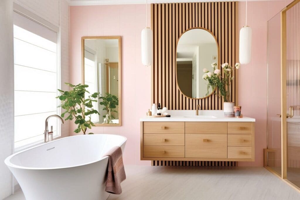 hanging light fixtrures in a bathroom wooden vanity a mirror and bathtub with addition of plants