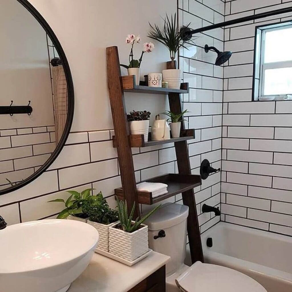 space saving wooden floating shelves with pots and other items placed on it in a bathroom