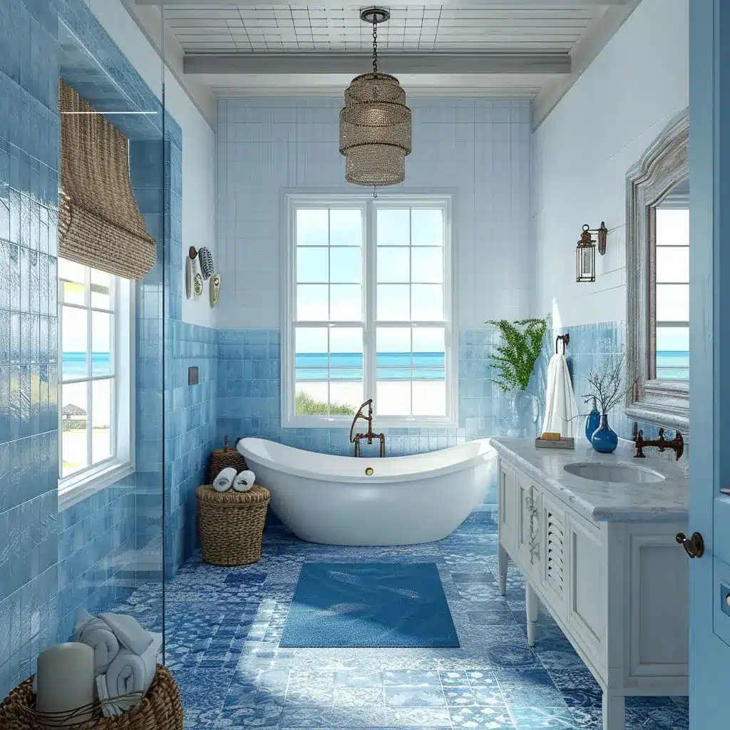 A view of a blue bathroom with a beachy look with french windows