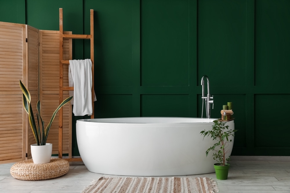 Interior Of Bathroom With Bathtub Houseplants And Ladder