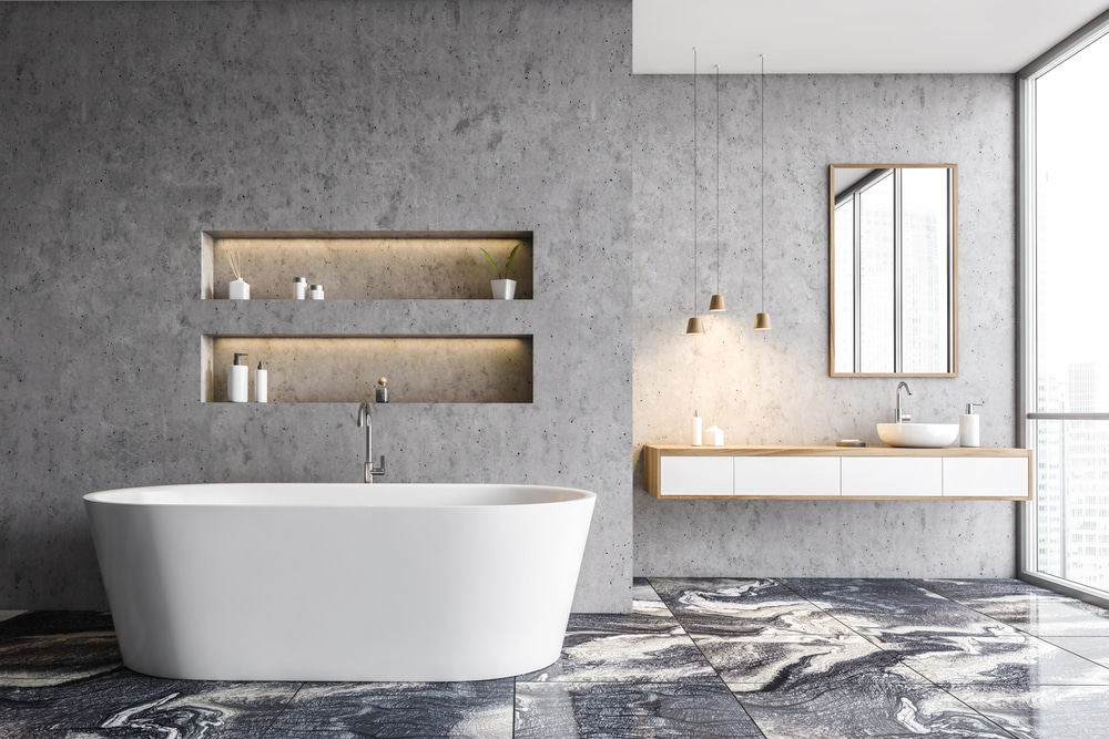 Interior Of Modern Bathroom With Concrete Walls Marble Floor Comfortable