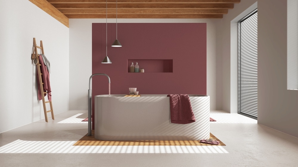 Minimalist Wooden Bathroom In White And Red Tones Resin Floor