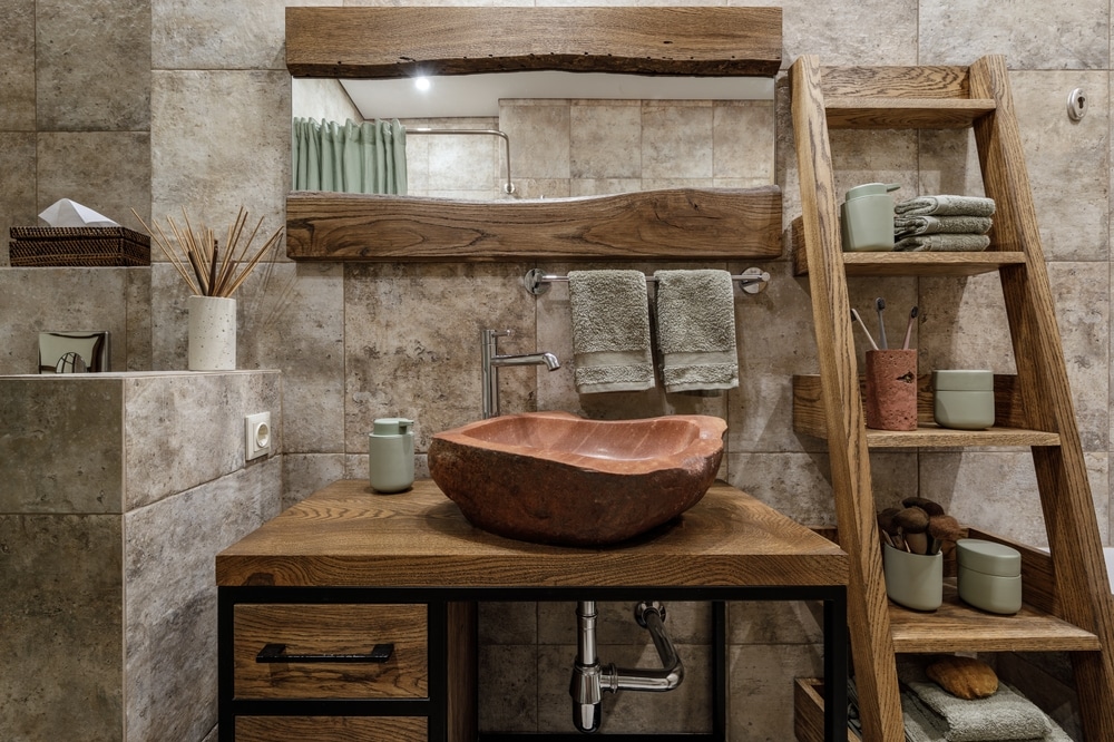 Modern Japandi bathroom interior design in earth tones, natural textures with wooden solid oak furniture and sliding Japanese wood doors