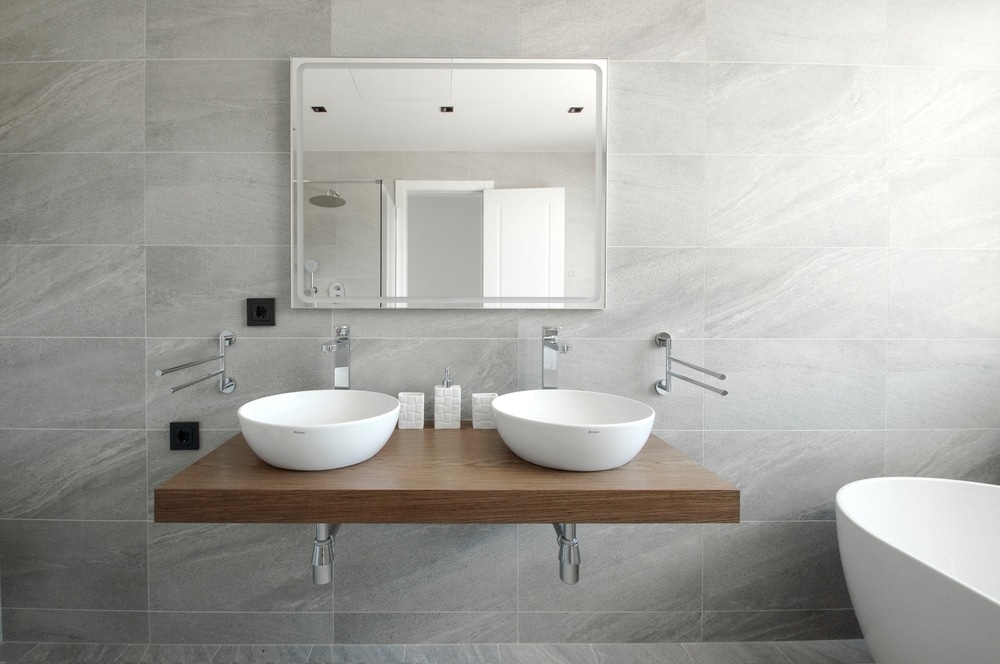 Modern Bathroom Interior With Two Sinks Mirror White Bathtub Front View