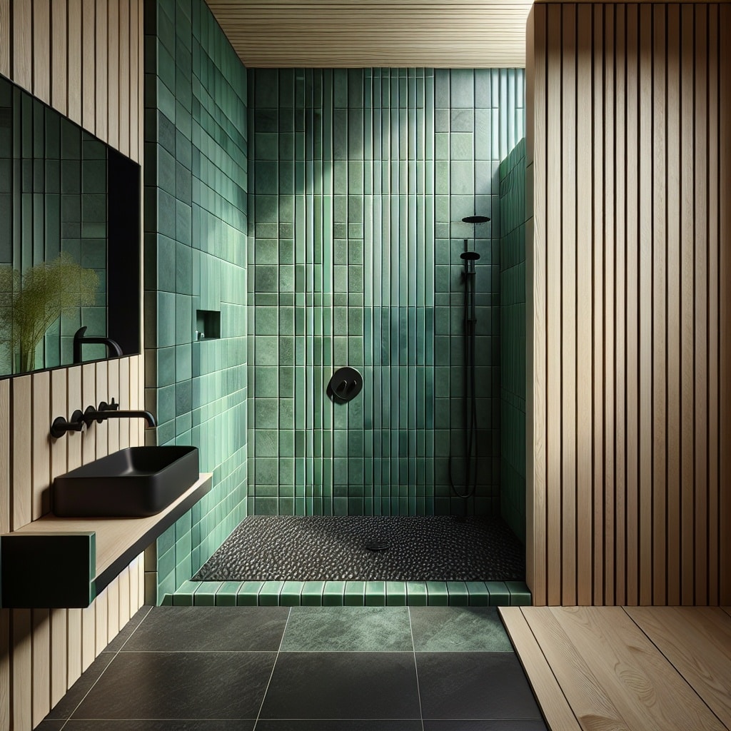 Bathroom With Emerald Green Vertical Subway Tile In The Shower