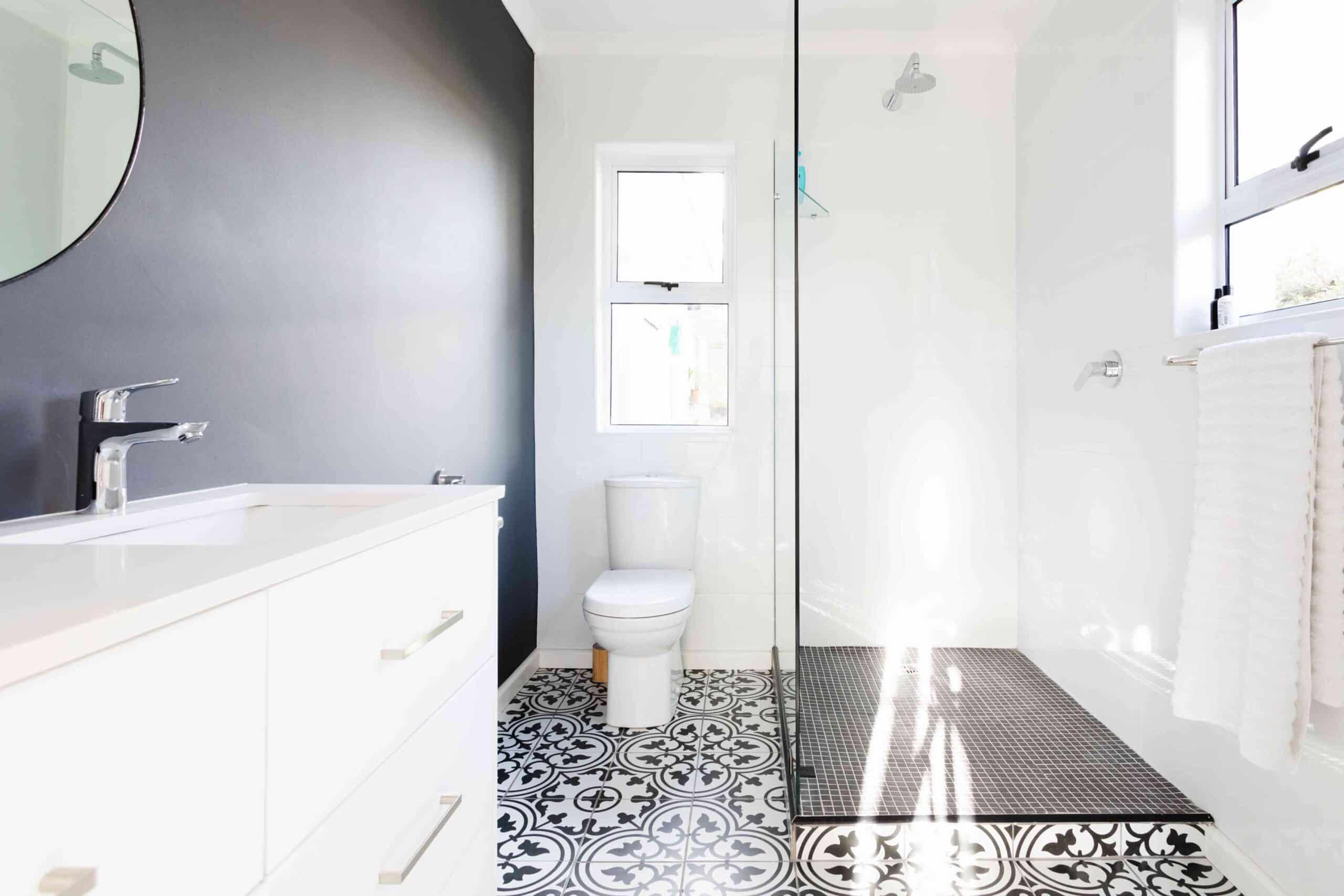 black and white tiles in bathroom