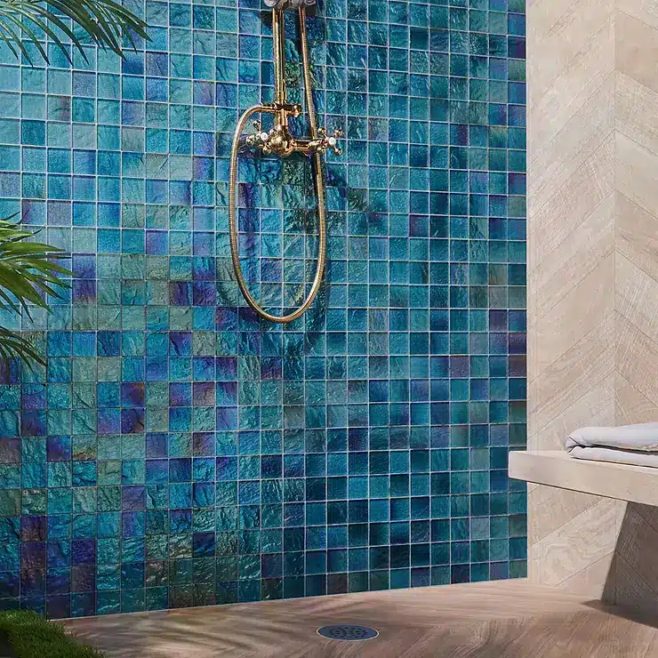 blue colored polished mosaic bathroom tile