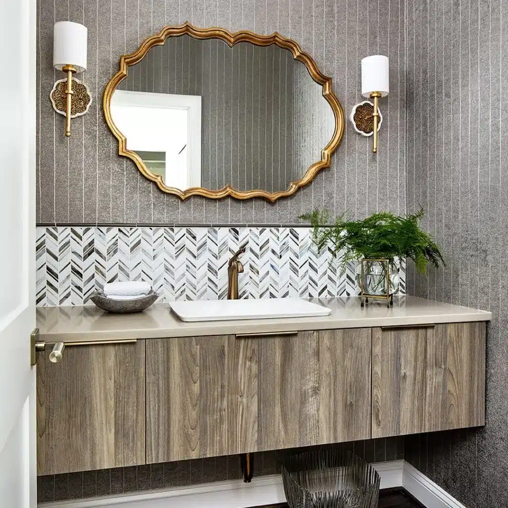 driftwood bathroom vanity walls and mirror a plant placed on vanity