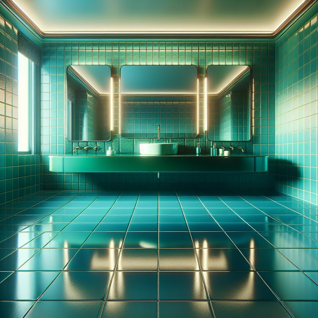  green bathroom countertop with a glossy finish, sky blue tiled walls, dramatic lighting, well-lit