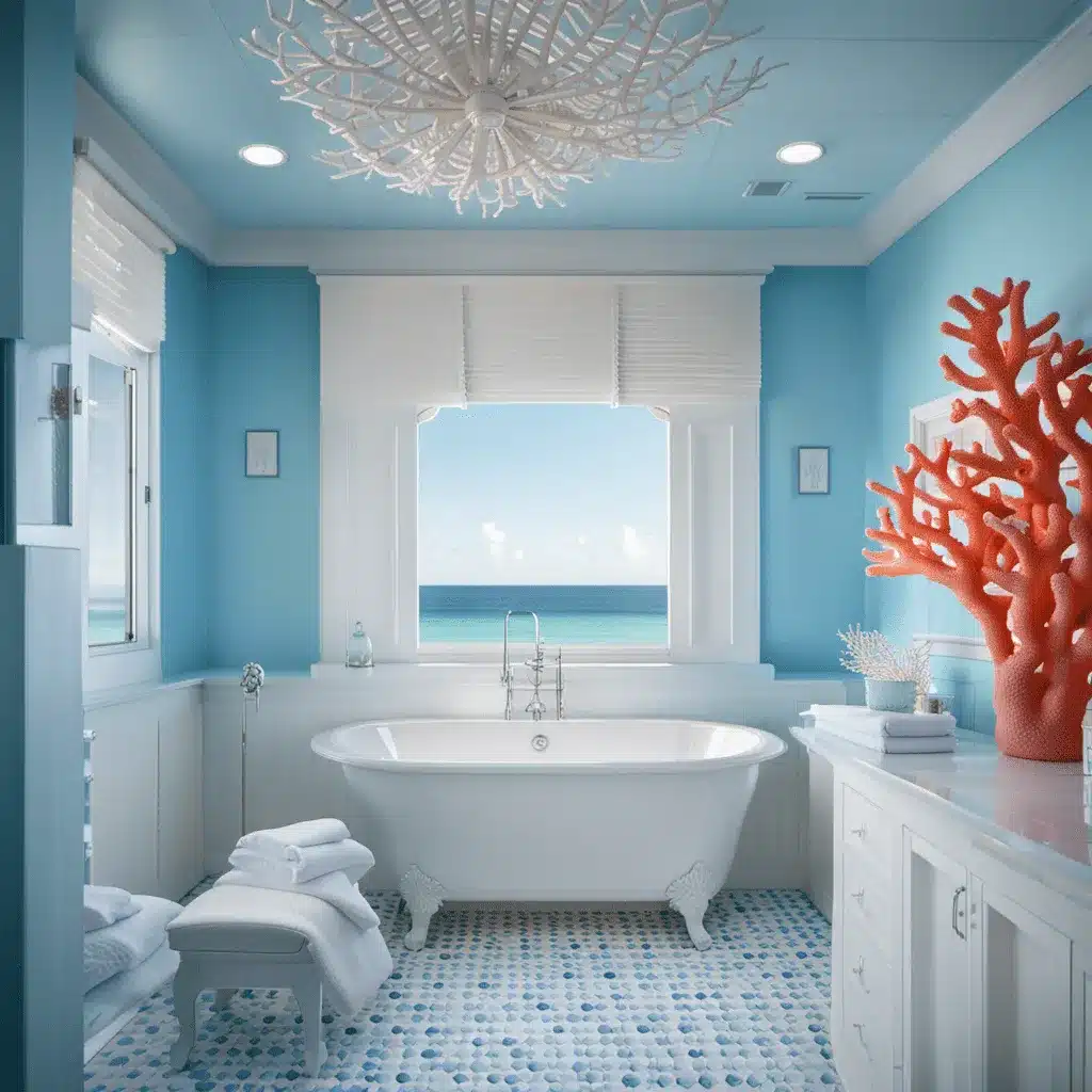 ocean blue color walls a white bathtub blue tiles