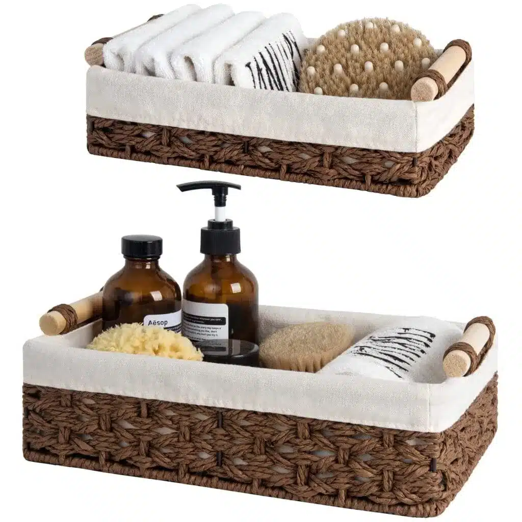 toiletries placed in wicker baskets