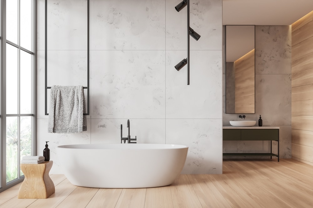 Interior Of Modern Bathroom With White Marble And Wooden Walls