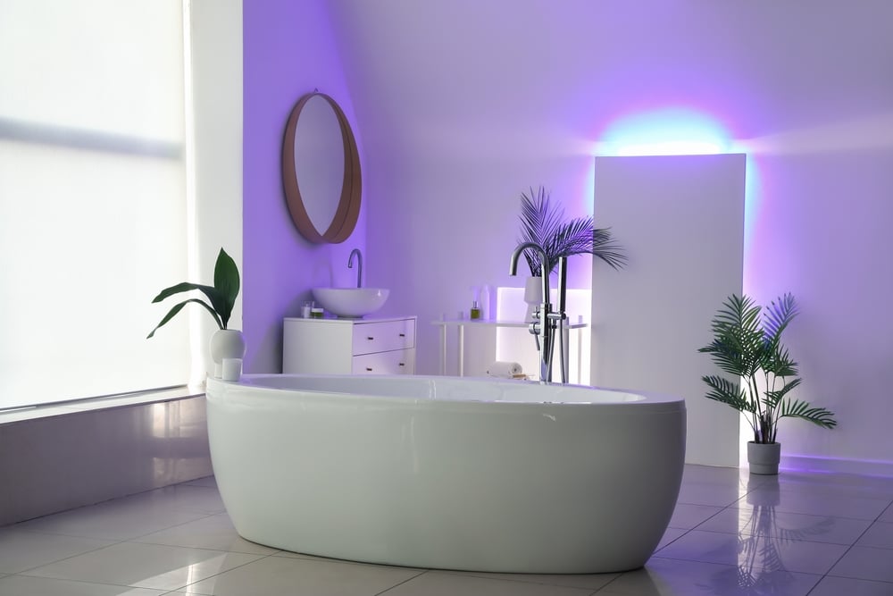 Interior Of Stylish Bathroom With Bathtub Houseplants Mirror And Neon lighting