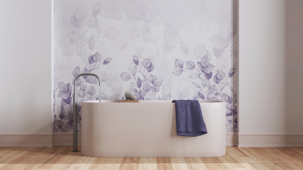 Minimalist Nordic Wooden Bathroom Close Up In White And Purple