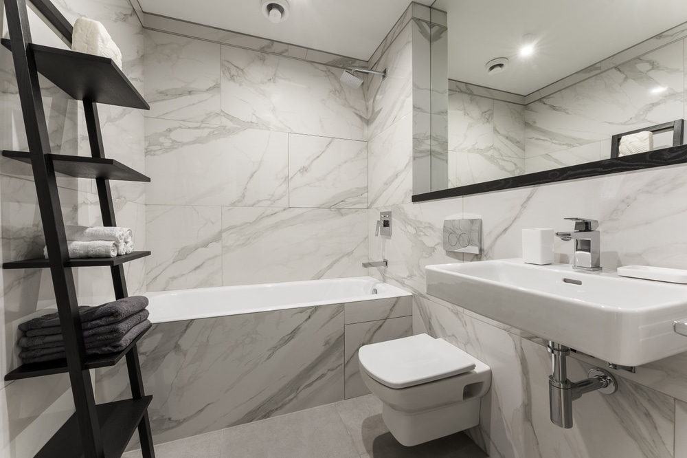 The Interior Of A Modern Marble Bathroom 