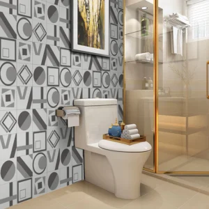 geometric bathroom wallpaper toiletries placed on commode