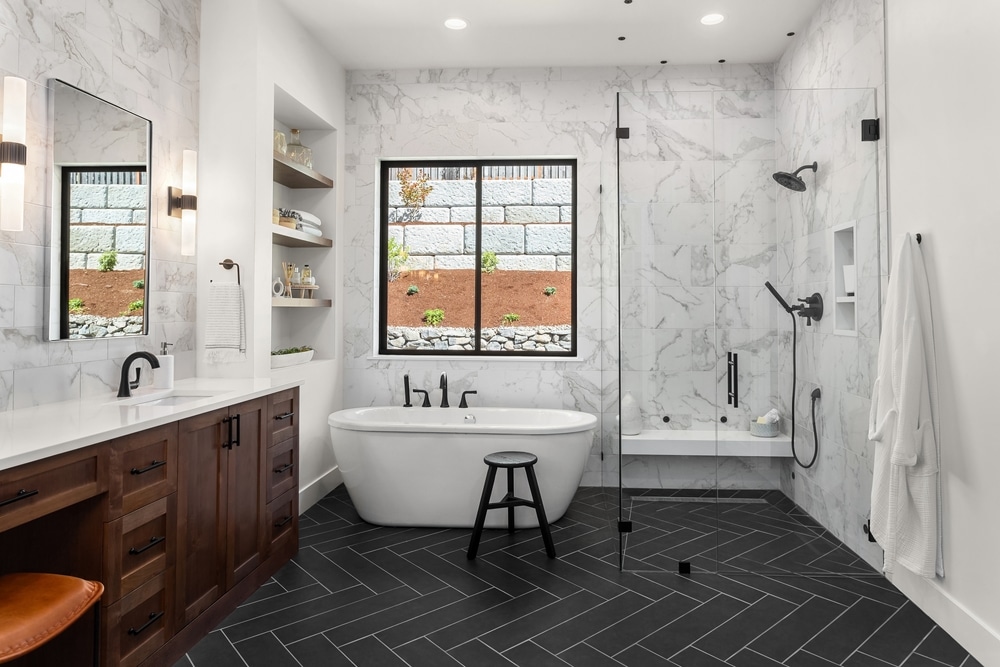 Beautiful Bathroom In Luxury Home With Double Vanity Bathtub And