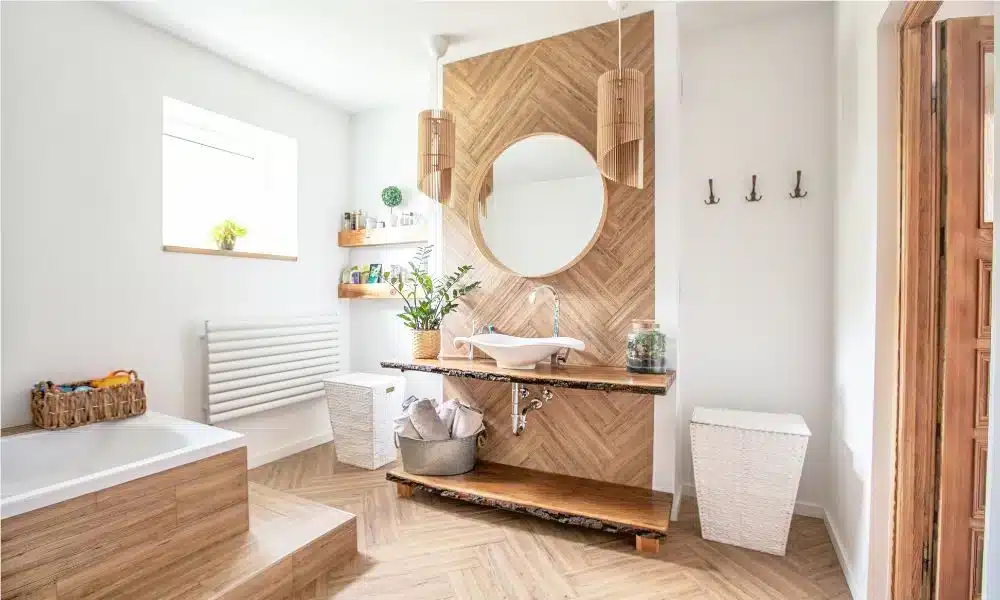 spa bathroom a round mirror light fixtures a sink toilteries on floating shelves