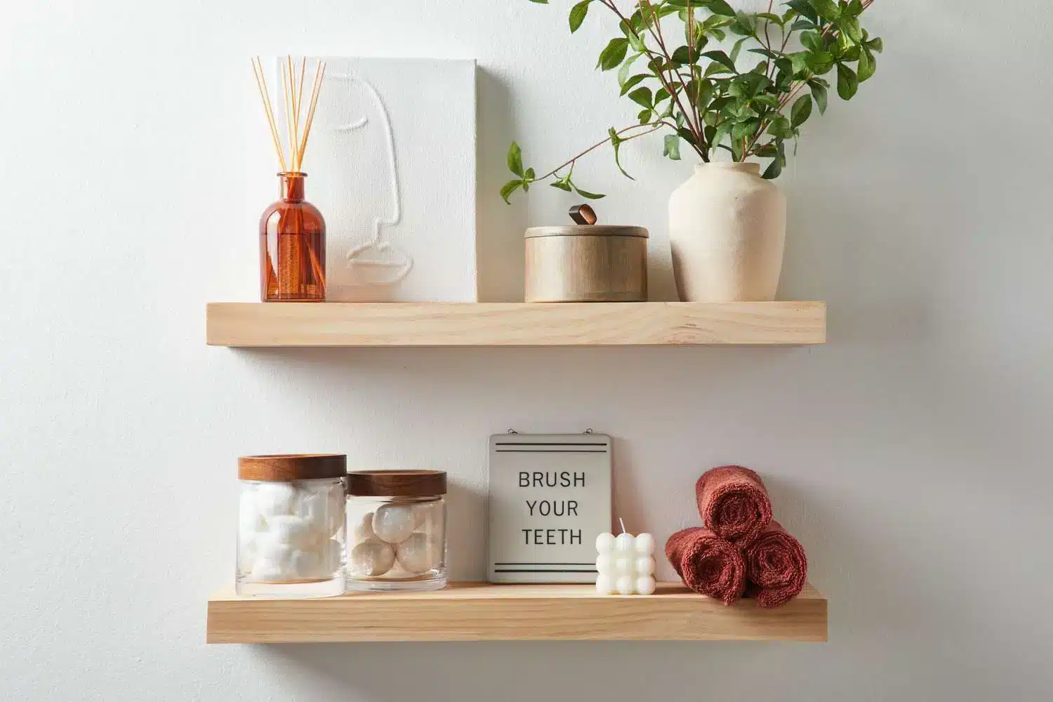 toiletries placed on open shelves 