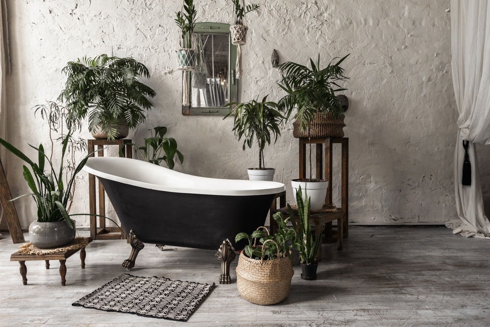 Bathroom in vintage style with elegant interior contemporary black tub textile carpet green plants in flower pots mirror and copy space on white wall