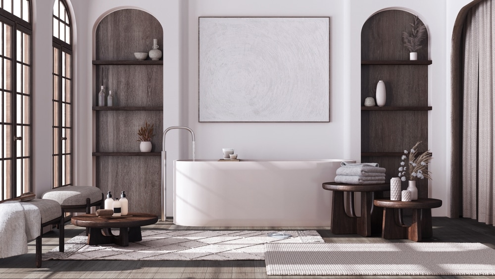 Dark Wooden Bathroom In Boho Style With Arched Door And windows