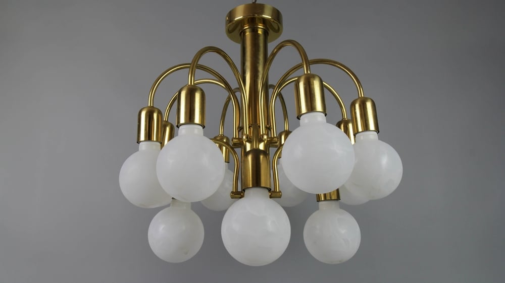 Mid centuy Modern Sputnik Brass White Glass Pendant Chandelier