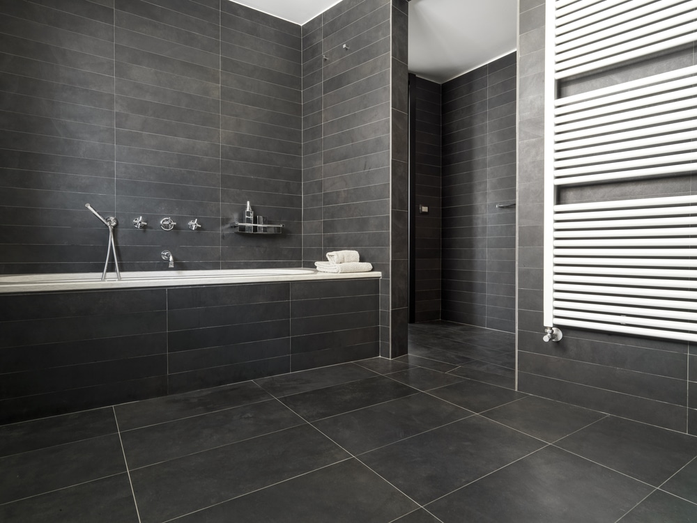 interior view of a modern bathroom in foreground the bathtub 